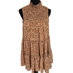 Taylor Womens Floral Sleeveless Smocked Tiered Swing Mini Dress Brown Small